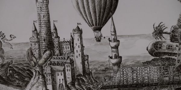 Rundumbild I, Detail, Schloss und Ballonfahrer