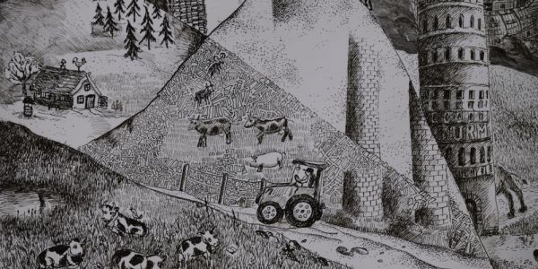 Rundumbild I, Detail, Traktor und Kuhkoppel